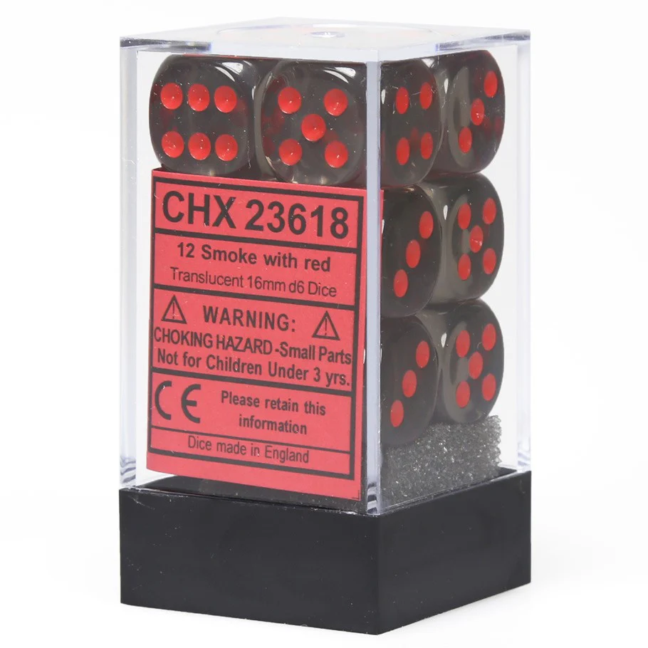 CHX23618: Translucent - 16mm D6 Smoke w/red (12)