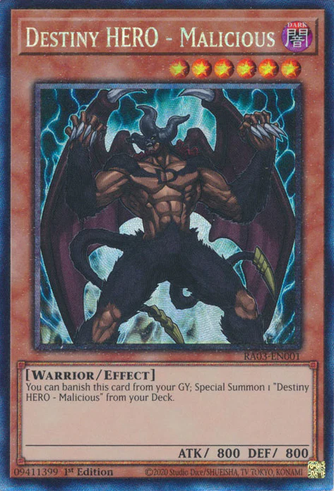 Destiny HERO - Malicious (RA03-EN001) Prismatic Collector's Rare - Near Mint 1st Edition