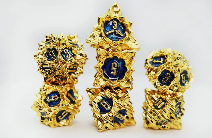 Floral Starburst: Golden Sweet Pea - Metal RPG Dice Set
