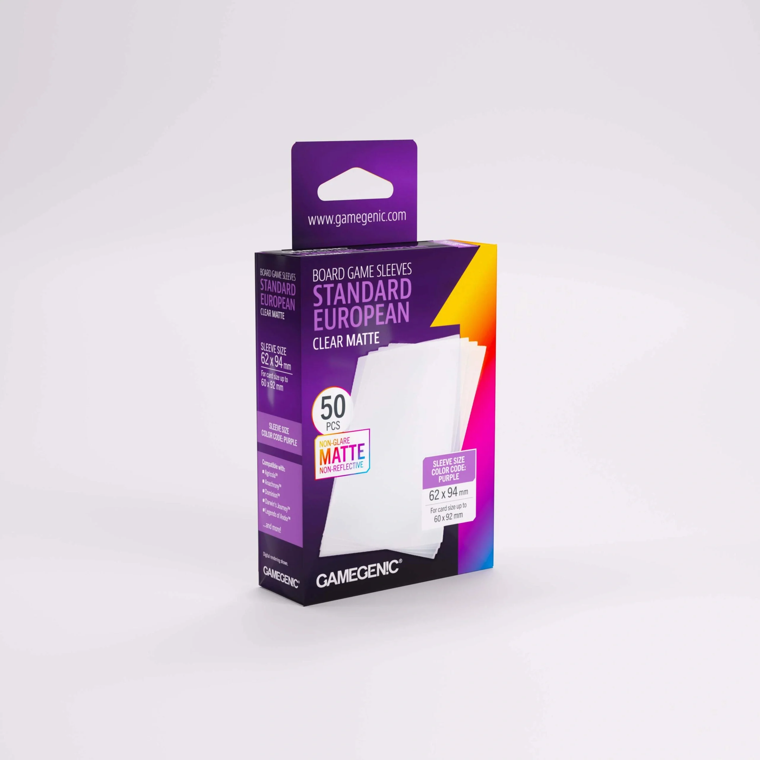 GameGenic: Board Game Sleeves - Matte Clear: Standard European (Purple 50ct)