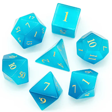 Gemstone Dice - Blue Cat's Eye Engraved w/ Gold (7)