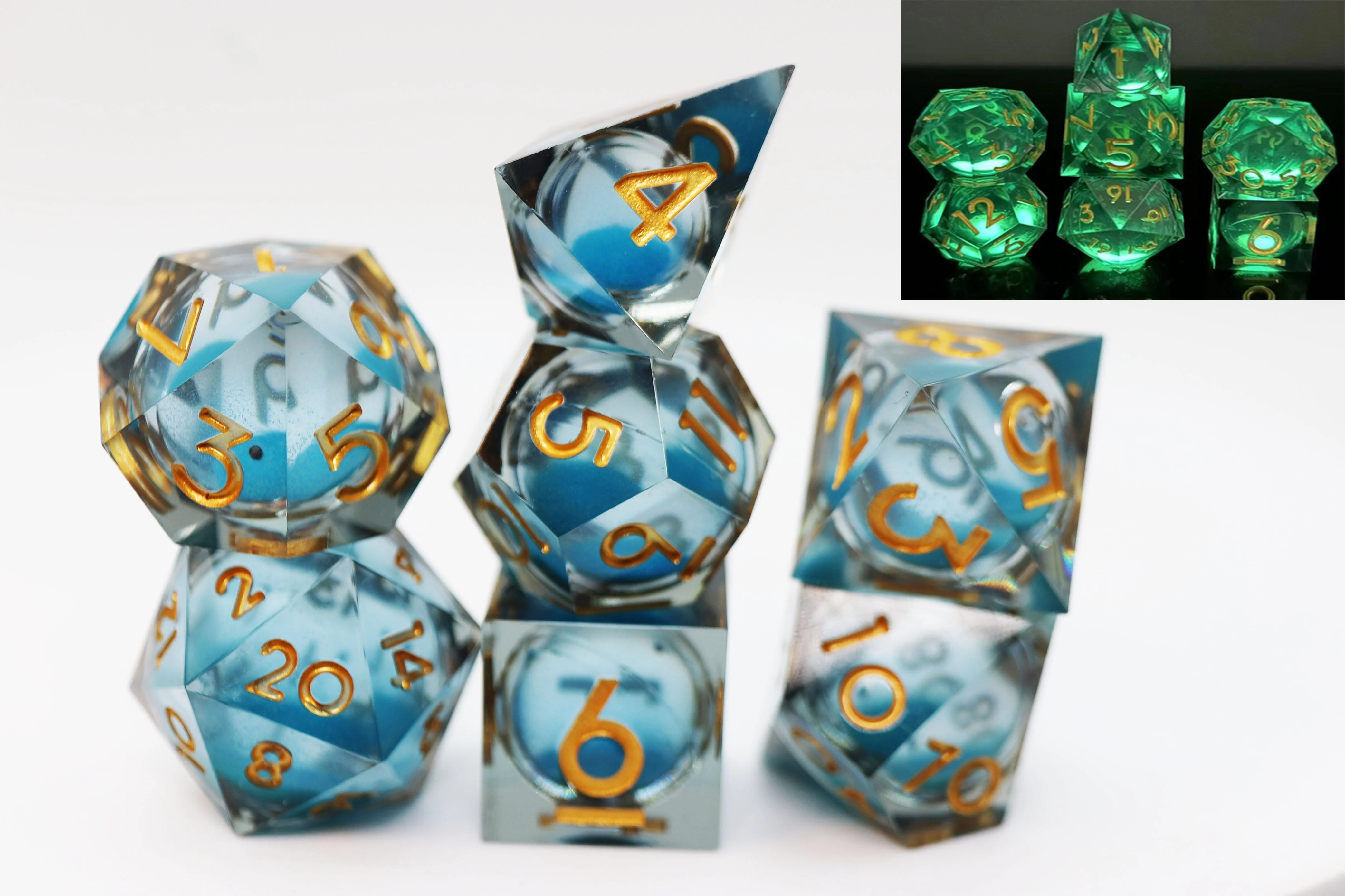 Sharp Edge Glow in the Dark Liquid Core RPG Dice Set - Blue Specter